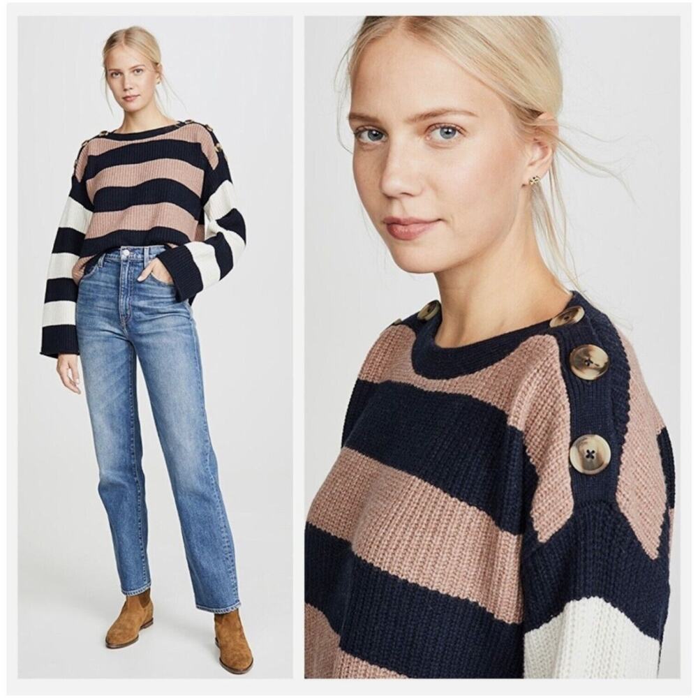 MADEWELL Wool Oversized Sweater Calloway Boatneck Coastal Striped Blue Brown M